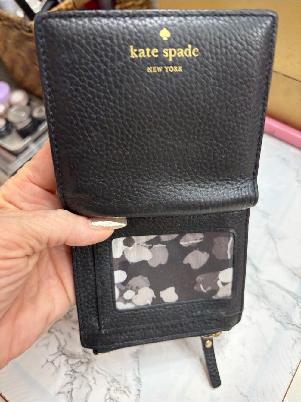 kate spade Black Pebbled Leather Compact Zip Wallet with Gold Logo - Picture 4 of 7